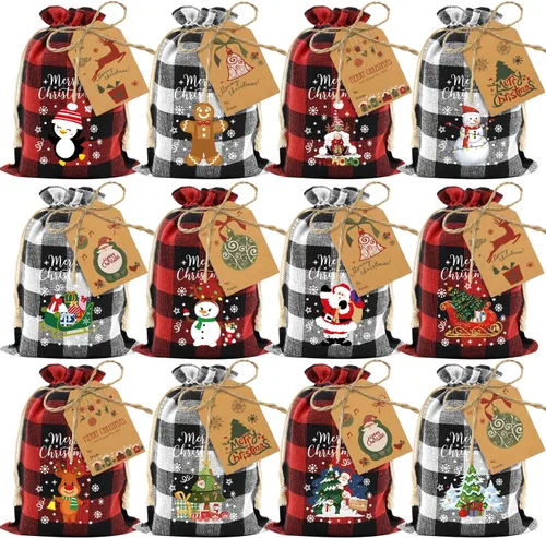 Miniatura 9 de 72 bolsas de regalo navideñas medianas de algodón con cordón de cuadros búfalo, bolsas de dulces navideños de algodón, bolsas pequeñas de tela Medio