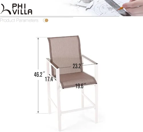 Miniatura 2 de PHI VILLA Juego de 2 sillas de bar para patio, taburete de bar con altura de mostrador con tela de textileno de secado rápido, reposabrazos y Blanco