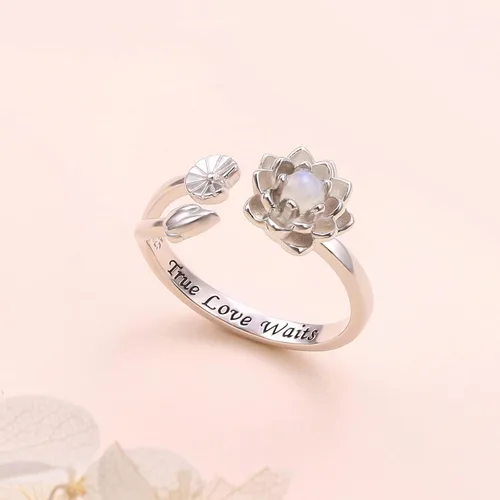 Miniatura 3 de Moonstone - Juego de joyas de loto de plata de ley, anillo de flor de loto grabado True Love Waits, Natural Healing Buddha Spiritual Yoga Lotus