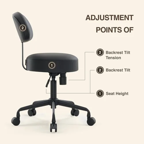 Miniatura 5 de Taburete giratorio de altura ajustable con respaldo inclinable para clínica dental, salón, oficina y bar, NAIA 502B (negro)
