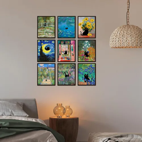 Miniatura 6 de Kizbok Juego de 9 carteles divertidos de gato negro, impresiones artísticas de pared de gato negro vintage de Monet Matisse Van Gogh, gatos negros