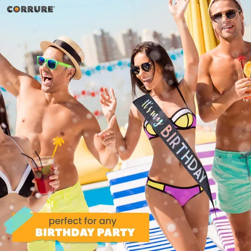 Miniatura 7 de CORRURE Banda con purpurina «It's My Birthday» con lámina multicolor – Banda de feliz cumpleaños con purpurina negra para mujeres – Suministros