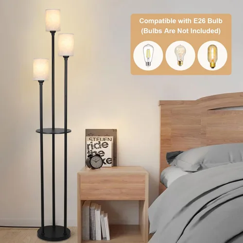 Miniatura 5 de Lámpara de pie con estantes, lámparas de pie modernas para sala de estar, lámpara de pie de 3 luces con pantalla de lino e interruptor de pie