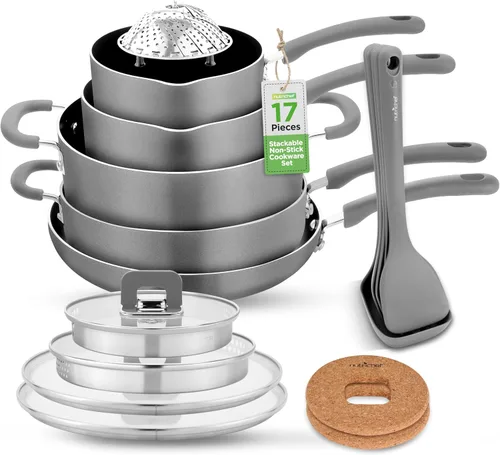 Miniatura 7 de NutriChef Juego de sartenes y ollas antiadherentes de 17 piezas, ahorro de espacio, compatible con inducción, perilla plegable, utensilios de cocina