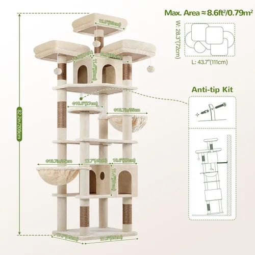 Miniatura 7 de Globlazer Árboles y Torres para Gatos para Múltiples Gatos Adultos, Torre de Árbol para Gatos XXL Alta de 82 Pulgadas para Gatos