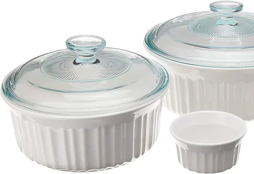Miniatura 2 de CorningWare French White Juego de 10 Piezas de Utensilios de Cerámica para Hornear con Tapas de Gres Resistente a Astillas y Grietas, Apto