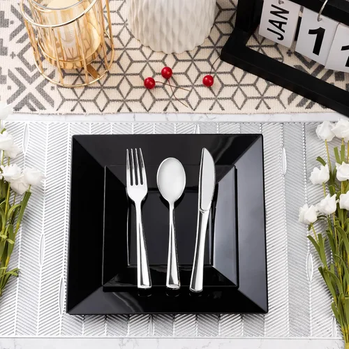 Miniatura 6 de Goodluck 100 Pack de Platos Desechables Cuadrados Negros, Platos de Plástico Resistente: 50 Platos de Cena de 24.1 cm y 50 Platos de Postre de 16.5