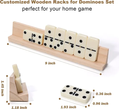 Miniatura 2 de Juego de 6 dominó dobles para adultos con 4 estantes de madera, 28 fichas, juego de mesa de dominó clásico con funda de viaje portátil