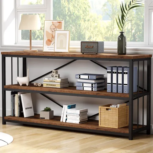 Miniatura 2 de IBF - Librero bajo rústico de 3 niveles, estantería industrial horizontal de madera, estantería larga y ancha de estilo granja de metal, estantería