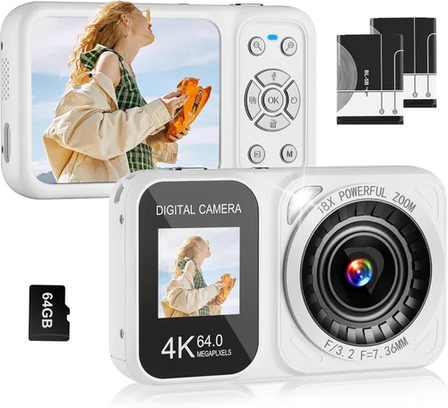 Miniatura 8 de QUOLODOO Cámara digital, cámara de pantalla dual 4K 64MP, zoom de 18X, cámara digital de apuntar y disparar con tarjeta TF de 64 GB y 2
