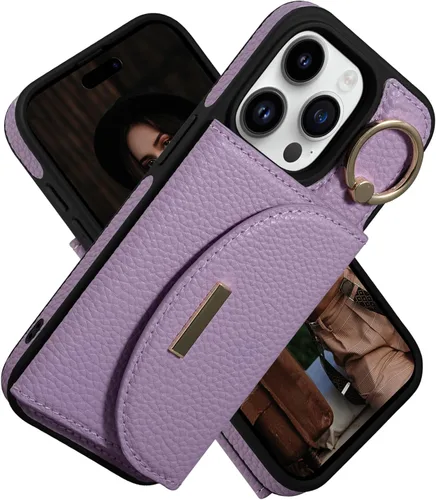Miniatura 50 de Funda tipo cartera para iPhone 15 Pro de 6.1'', funda plegable con ranuras para tarjetas, soporte con anillo y atril, cubierta protectora tipo folio