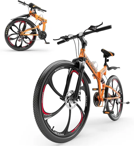 Miniatura 9 de Max4out Bicicleta de montaña plegable de 26 pulgadas, bicicleta de suspensión completa de 21 velocidades, freno de doble disco, neumático