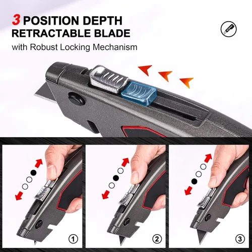 Miniatura 3 de HAUTMEC Cortador de caja de alta resistencia retráctil, cuchillo utilitario 2 en 1 con sistema de bloqueo automático y 3 posiciones, almacenamiento