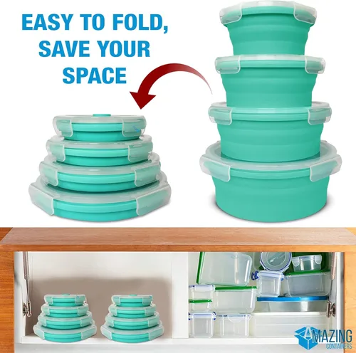 Miniatura 5 de Juego de 4 recipientes plegables de silicona para almacenamiento de alimentos con tapas, cuencos plegables para camping, almacenamiento