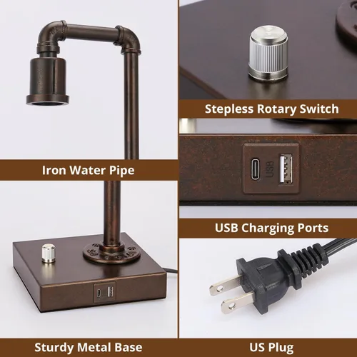 Miniatura 4 de Lámpara de mesa industrial para dormitorio, lámpara de noche completamente regulable con puertos USB C+A, lámpara vintage con diseño de tubo