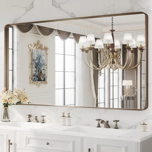Miniatura 27 de WEER - Espejo de baño dorado, espejo de 40x32 pulgadas con marco de metal dorado cepillado, espejo de tocador de baño de oro para pared