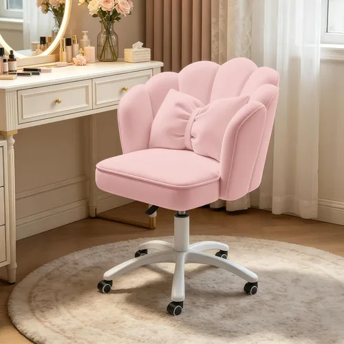 Petal - Silla de escritorio con cojín de lazo, silla de tocador de terciopelo con ruedas, silla tapizada de oficina en casa para niñas y mujeres,
