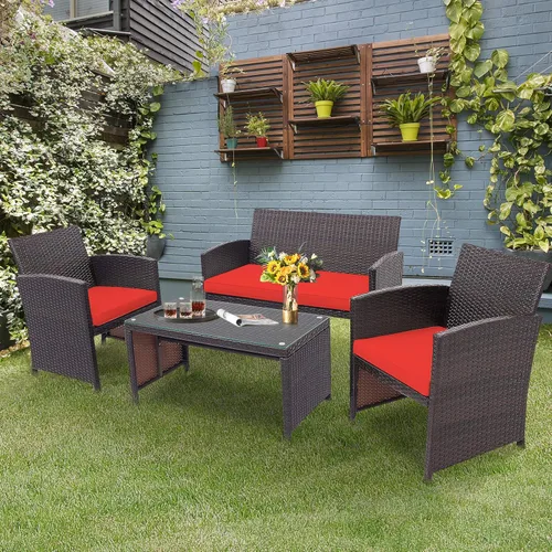 Miniatura 4 de HAPPYGRILL Juego de 4 muebles de mimbre para exteriores con mesa de centro de vidrio templado, cojines suaves, juego de sillas de ratán resistentes