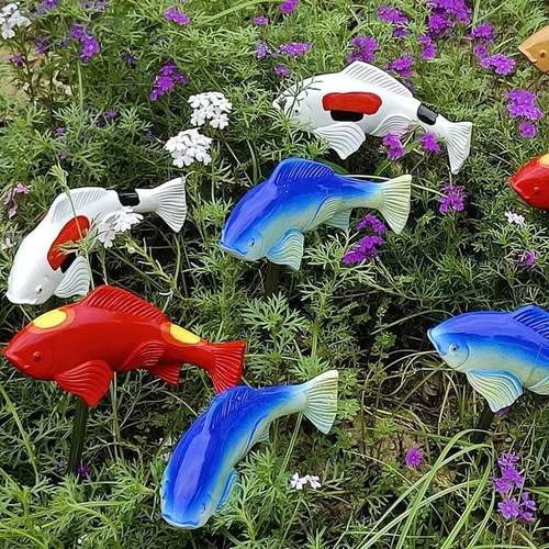 Miniatura 4 de Koi - Esculturas de resina de peces Koi con estaca, esculturas y estatuas de jardín de peces, 3 piezas de esculturas de peces para exteriores, Azul