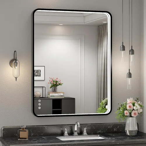 Miniatura 29 de Espejo de baño LED de 24x32 pulgadas con luces, espejo LED con marco de metal negro para baño, 3 colores y luz regulable sin escalones montada