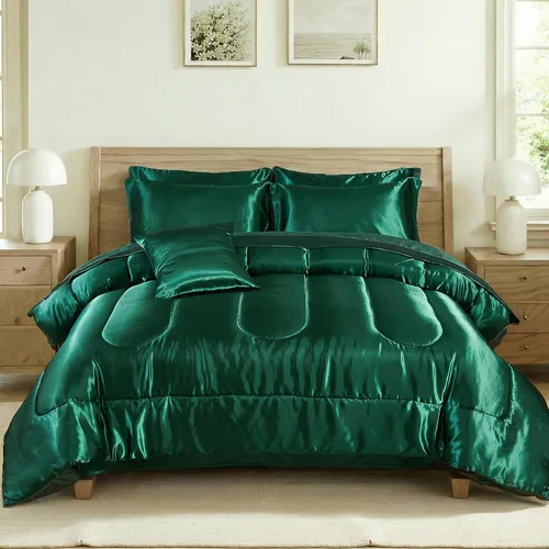 Miniatura 24 de Bedding_Dreamer Juego de edredón sedoso negro de satén en una bolsa, 8 piezas de ropa de cama sedosa de hotel de lujo con 1 edredón, 1 sábana