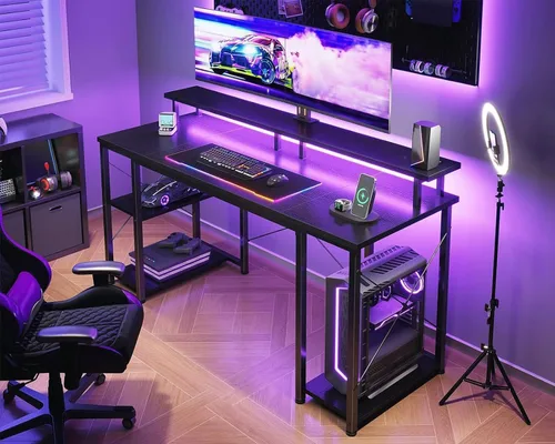 Miniatura 8 de ODK Escritorio gamer de 48 pulgadas con luces LED y enchufes, escritorio para computadora con soporte para monitor y estantes de almacenamiento