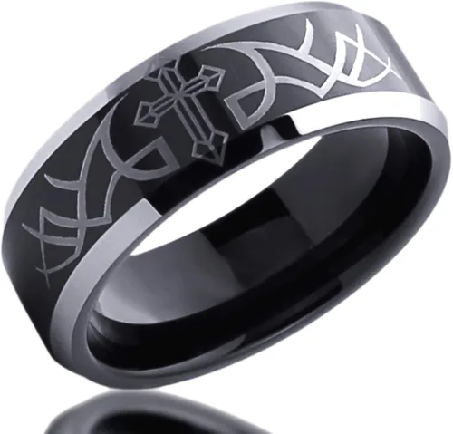 Miniatura 3 de Prime Pristine Anillo de boda de titanio con grabado gratuito, ajuste cómodo, 0.315in, espina con cruz negra