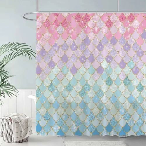 Miniatura 2 de Allenjoy Cortina de ducha con escamas de sirena de 72 x 72 pulgadas para baño, océano bajo el mar, decoración de baño rosa y azul, tela impermeable