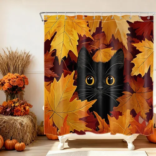 Miniatura 46 de LB Cortina de ducha de otoño para baño, divertido gato negro con fantasma en la bañera en el bosque de otoño, cortina de ducha de tela de cosecha
