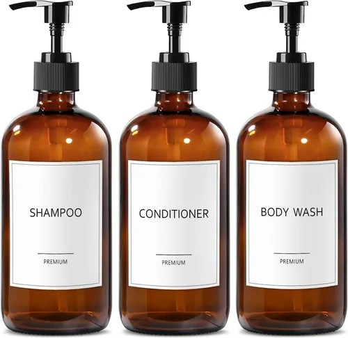 GMISUN Dispensador de Champú y Acondicionador de Vidrio, Botellas Dispensadoras de Jabón de Ducha con Etiquetas, Dispensadores Recargables de