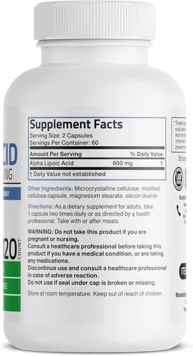 Miniatura 2 de Bronson Ácido alfa lipoico 600 mg eliminador de radicales libres apoya la salud antioxidante, sin OMG, 120 cápsulas vegetarianas (60 porciones)