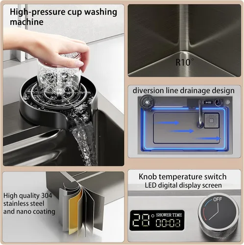 Miniatura 5 de Fregadero de cocina nano negro y gris 304 de acero inoxidable 304, fregadero de cocina con estación de trabajo de un solo tazón, fregadero de cocina