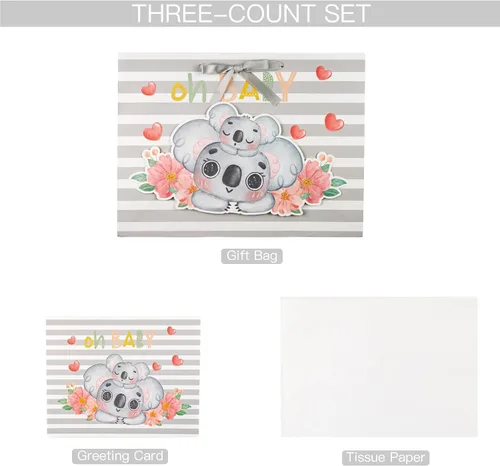 Miniatura 6 de Loveinside Bolsa de regalo de koala gris bebé con papel de seda y tarjeta de felicitación para baby shower, nuevos padres y más, 16 x 6 x 12