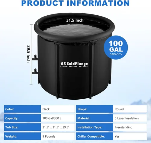 Miniatura 4 de AS ColdPlunge Bañera de hielo XL para inmersión en frío, vaina de hielo portátil con tapa y cubierta, bañera inflable de 100 galones con 2 válvulas