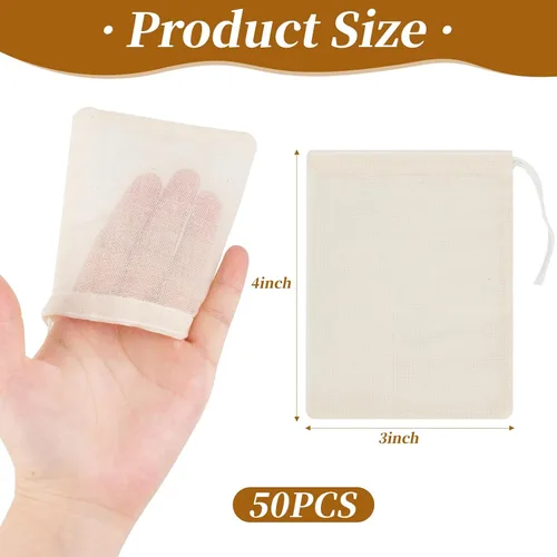 Miniatura 3 de GliSun 50 bolsas de muselina con cordón, bolsas de té reutilizables, de algodón natural, sin blanquear, pequeñas bolsas de tela para quesos