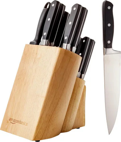 Amazon Basics Juego de 18 piezas de cuchillos de acero inoxidable con alto contenido de carbono premium con bloque de cuchillos de madera de pino,
