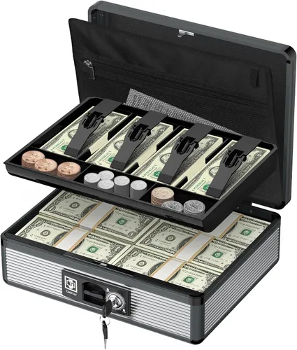 Miniatura 8 de Uniclife Caja de efectivo con bandeja de dinero y cerradura, caja de dinero grande para caja registradora, caja de seguridad de metal con llave