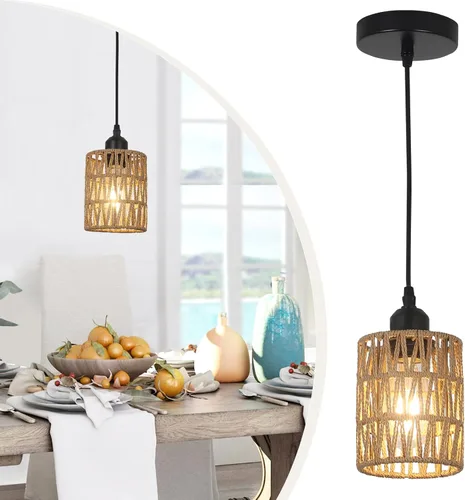 LAMSU Lámparas colgantes de ratán de 1 luz, iluminación colgante bohemia de granja con pantalla tejida a mano de 4.7×5.9 pulgadas, pequeña lámpara