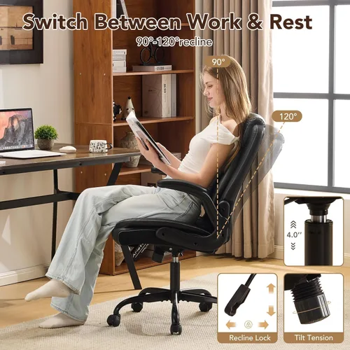 Miniatura 5 de YFO Silla ergonómica de cuero para oficina en casa, silla de oficina ejecutiva giratoria con soporte trasero con ruedas y reposabrazos abatibles