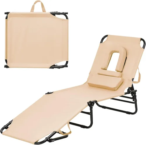 Miniatura 10 de Sillón plegable de playa con 5 respaldos ajustables y almohada acolchada, tumbona para tomar el sol, silla plana de bronceado para cubierta de Azul