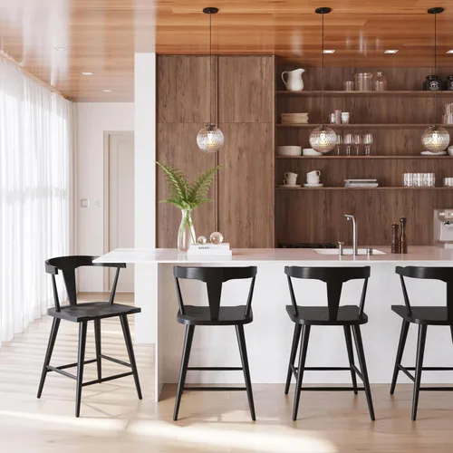 Miniatura 2 de Poly & BARK Enzo Taburete de mostrador – Moderno taburete de bar tapizado con respaldo curvo, asiento acolchado, tapicería premium, patas de madera