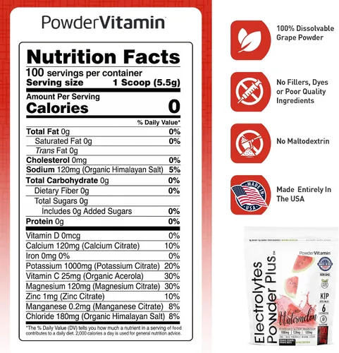 Miniatura 4 de PowderVitamin Electrolytes Powder Plus, polvo de hidratación sin azúcar, 1000 mg de potasio, 120 mg de magnesio, 120 mg de calcio, sal del Himalaya