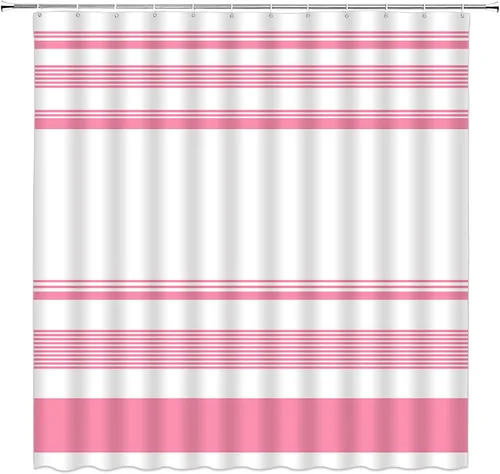 Cortina de ducha moderna a rayas color rosa y blanco intenso, estilo bohemio, juego de decoración de baño con ganchos, 70 pulgadas de ancho x 70