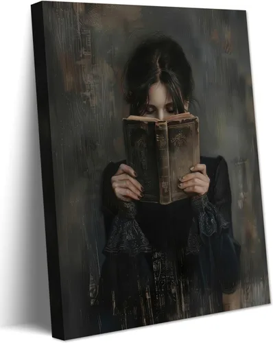 Arte de Pared de Libros Academia Oscura Vintage Gótico Victoriano Mujer Leyendo Decoración de Pared Póster Pintura Cuadro Estética de Chica