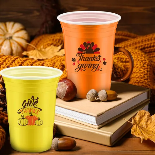Miniatura 7 de Jinei 100 piezas de tazas de Acción de Gracias, tazas desechables de pavo de 16 onzas, contenedor de plástico para fiesta, café, chocolate caliente