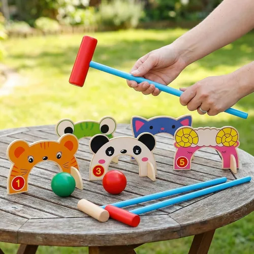 Miniatura 2 de Toddmomy Juego de croquet de madera de animales para niños, juego completo familiar para interiores y exteriores con 5 cubos de animales y 2 mazos