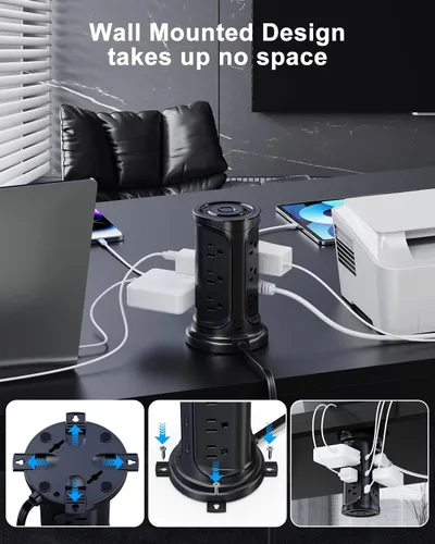 Miniatura 6 de Regleta de Protección contra Sobretensiones Torre Enchufe Plano con 12 Tomas de CA 3 Puertos USB (2 Tipo C), Cable de Extensión Ultra Plano de 6.5