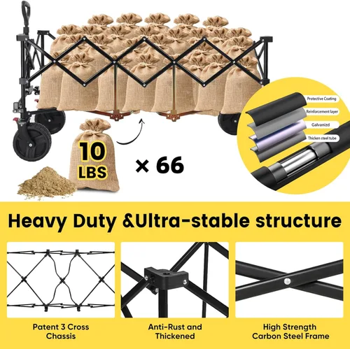 Miniatura 5 de Sekey Carro plegable extendible de 48" de largo con capacidad de peso de 440 libras, carrito de jardín plegable de uso pesado de 300L con ruedas