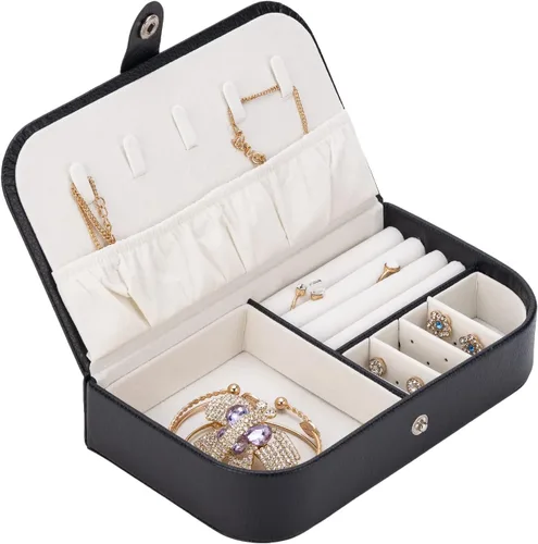 Smileshe Joyero para mujeres y niñas, pequeño estuche organizador de viaje portátil de piel sintética, cajas de almacenamiento para anillos, aretes,