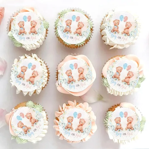 Miniatura 10 de 24 piezas de decoración para cupcakes con temática de "We Can Bearly Wait" Oso de globos brillantes, decoración temática de revelación de género